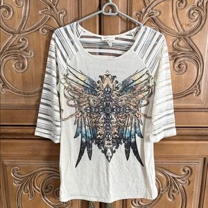 Rock & Roll Cowgirl Cream Winged Cross Long Sleeve Top